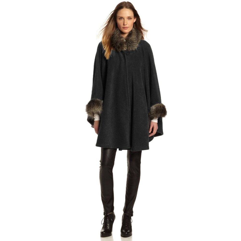 Parkhurst Desmona Fleece Cape Poncho Faux Fur Black